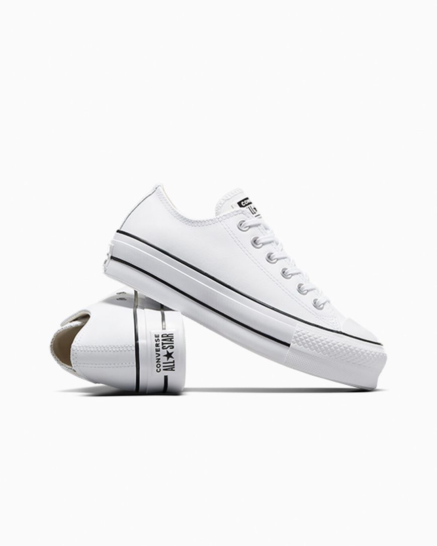 Dámské Boty Na Platformy Converse Chuck Taylor All Star Lift Læder Nízké Bílé Černé Bílé | CZ JHTM31